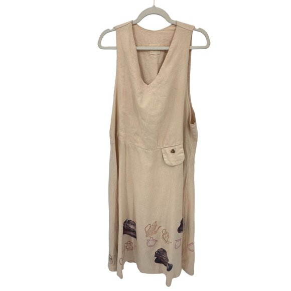 Blue Fish Dresses & Skirts - Blue Fish VTG 1999 Maxi Dress Womens XL Tan Linen Coffee Tea Pot‎ Print Pocket
